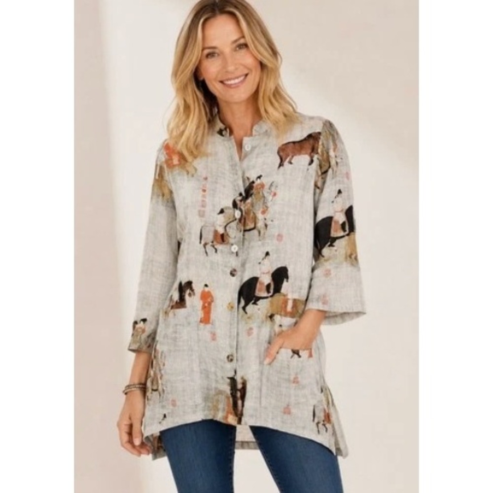 Soft Surroundings sz XL beige Asian horse long tunic blouse lagenlook O
